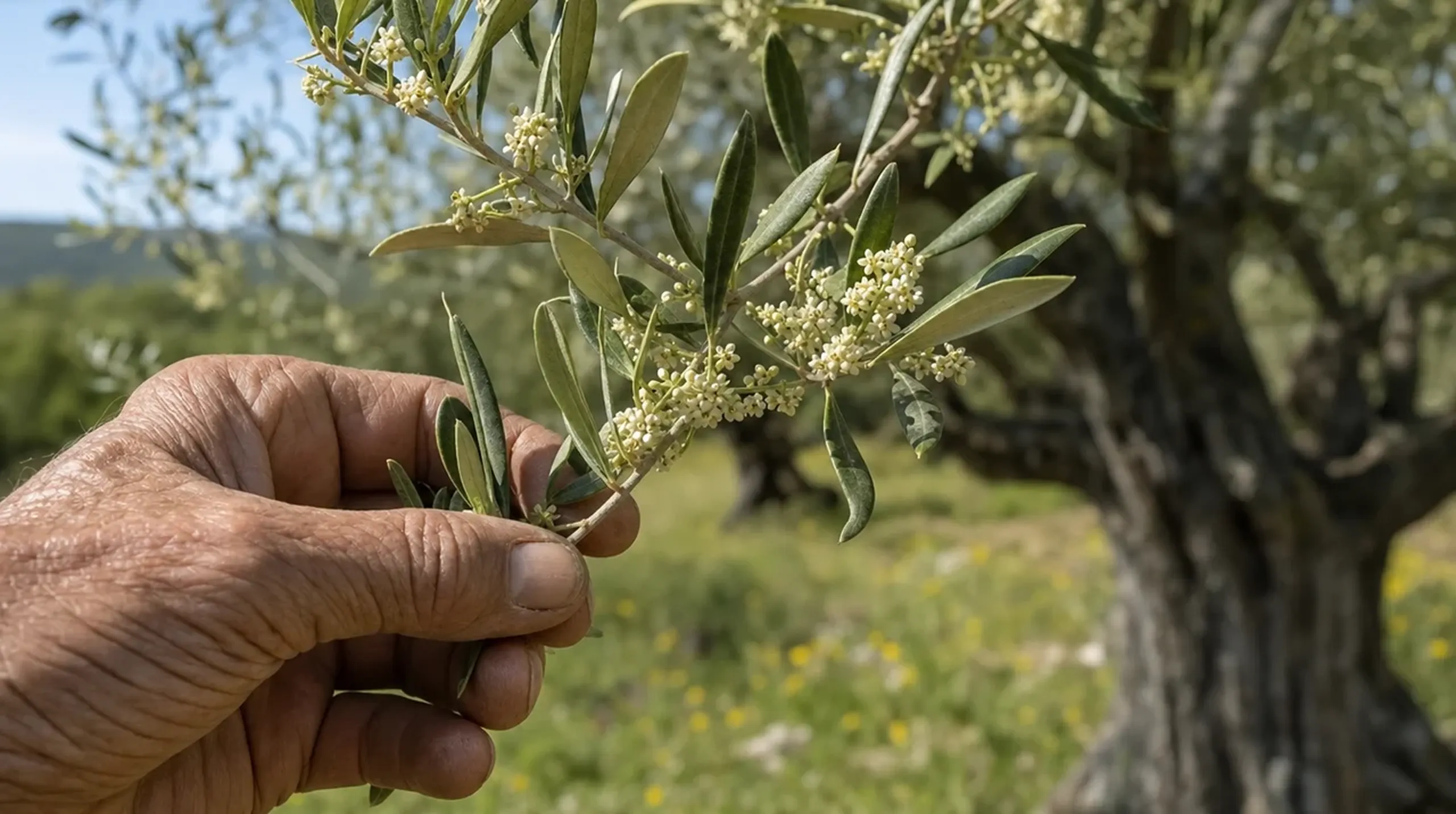 A hand cradles an olive branch in the estate grove