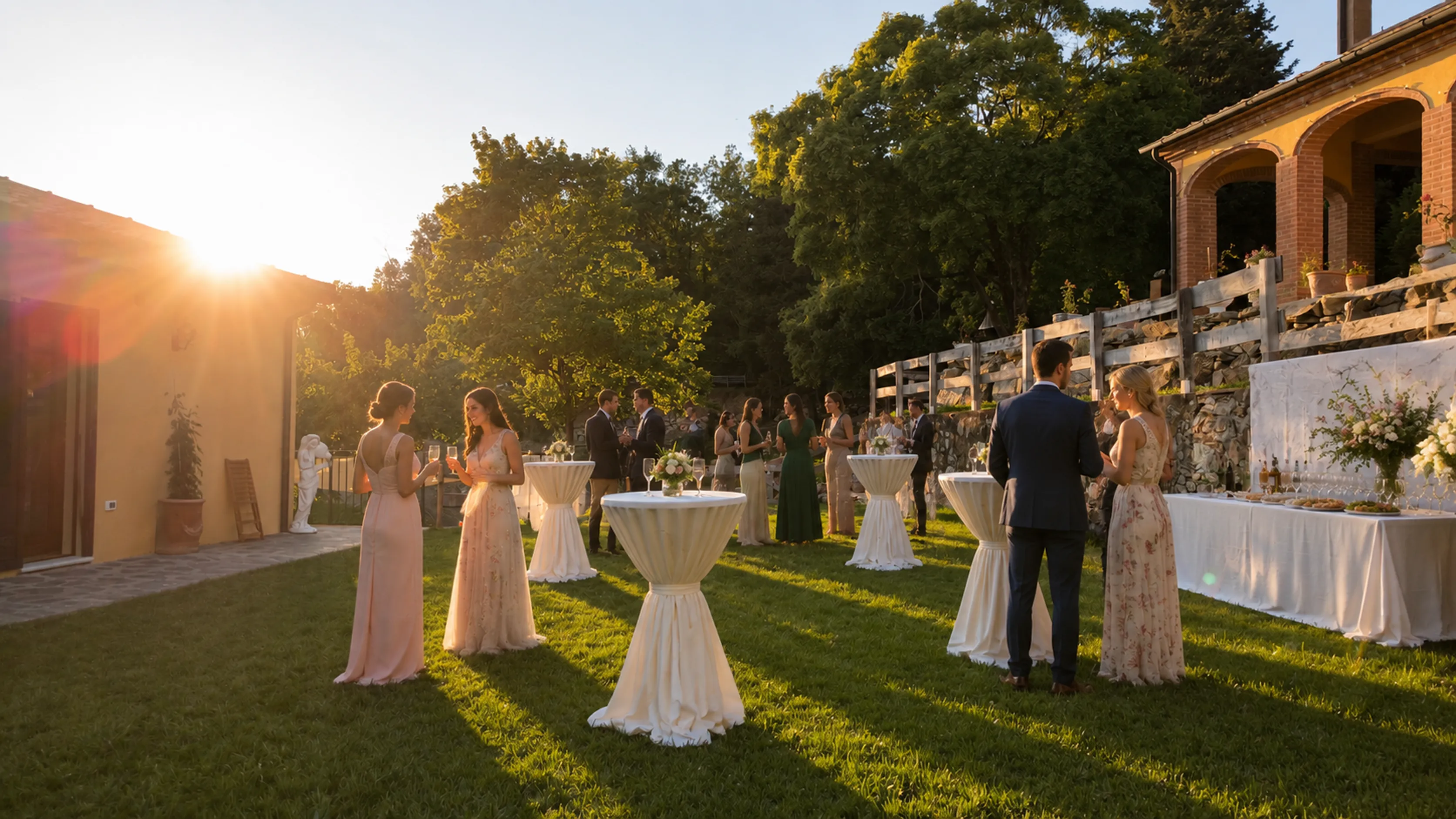 Guests gather on the lawn for a party at golden hour