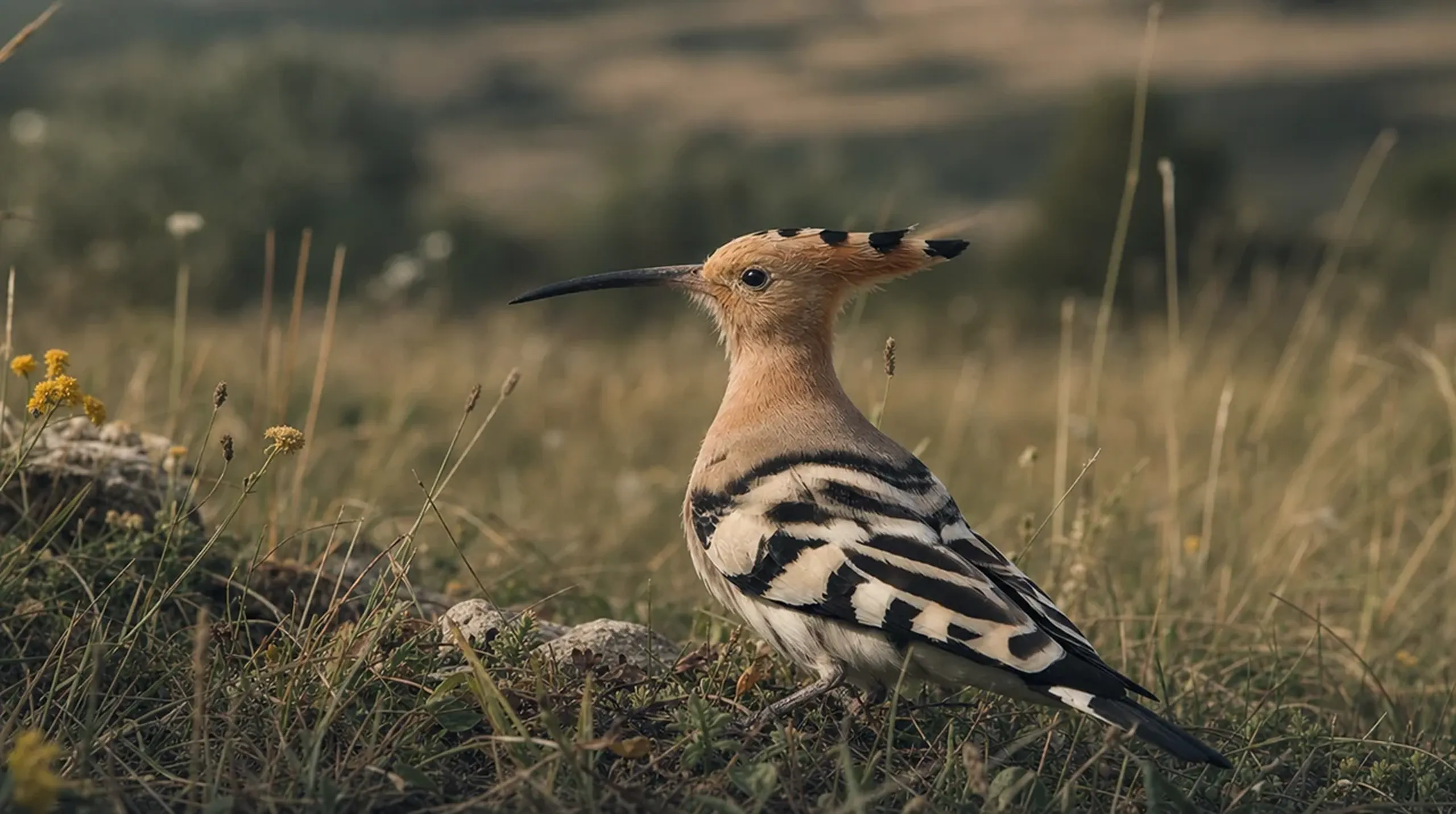 A hoopoe pauses in the meadow grass