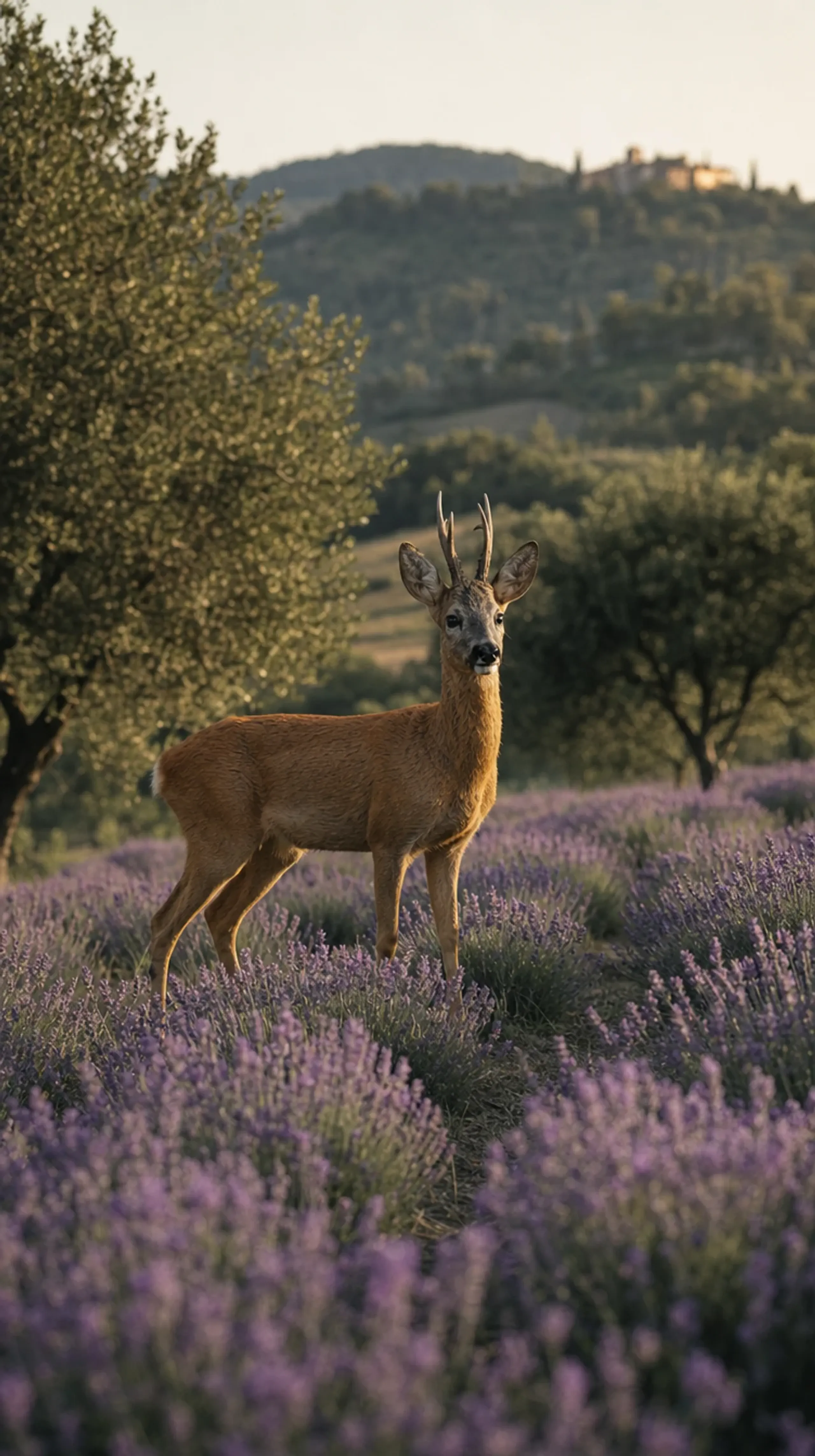 A roe deer among the lavender on the hillside
