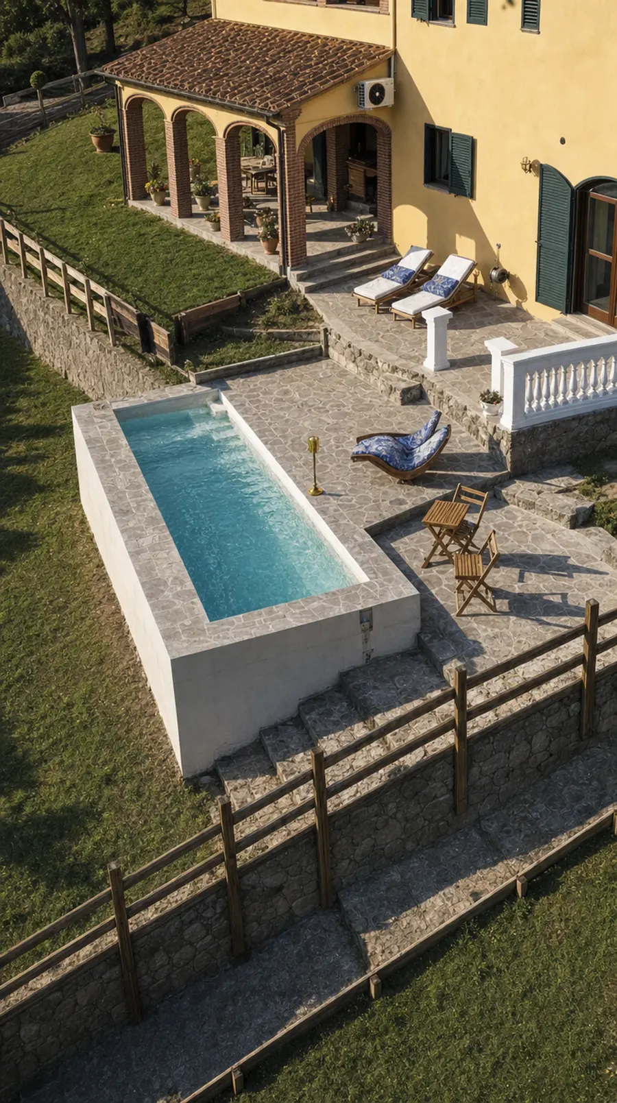 The pool and sun terrace seen from above