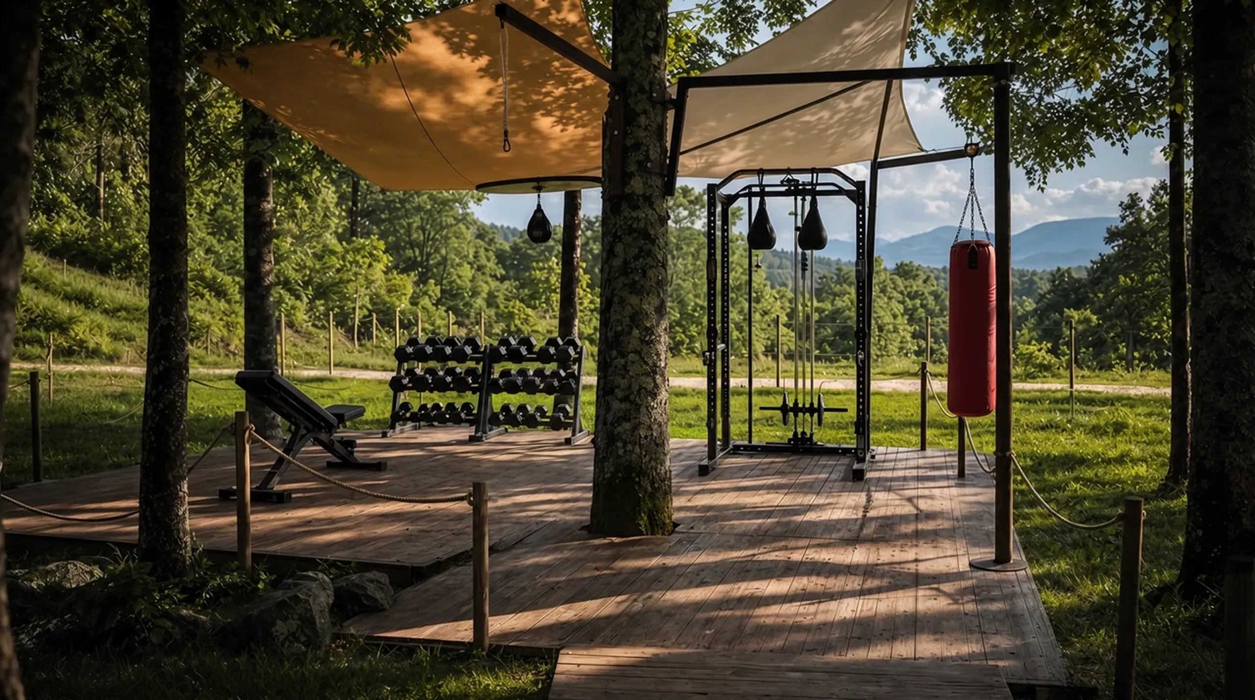 The open-air gym under its sails, set among the trees