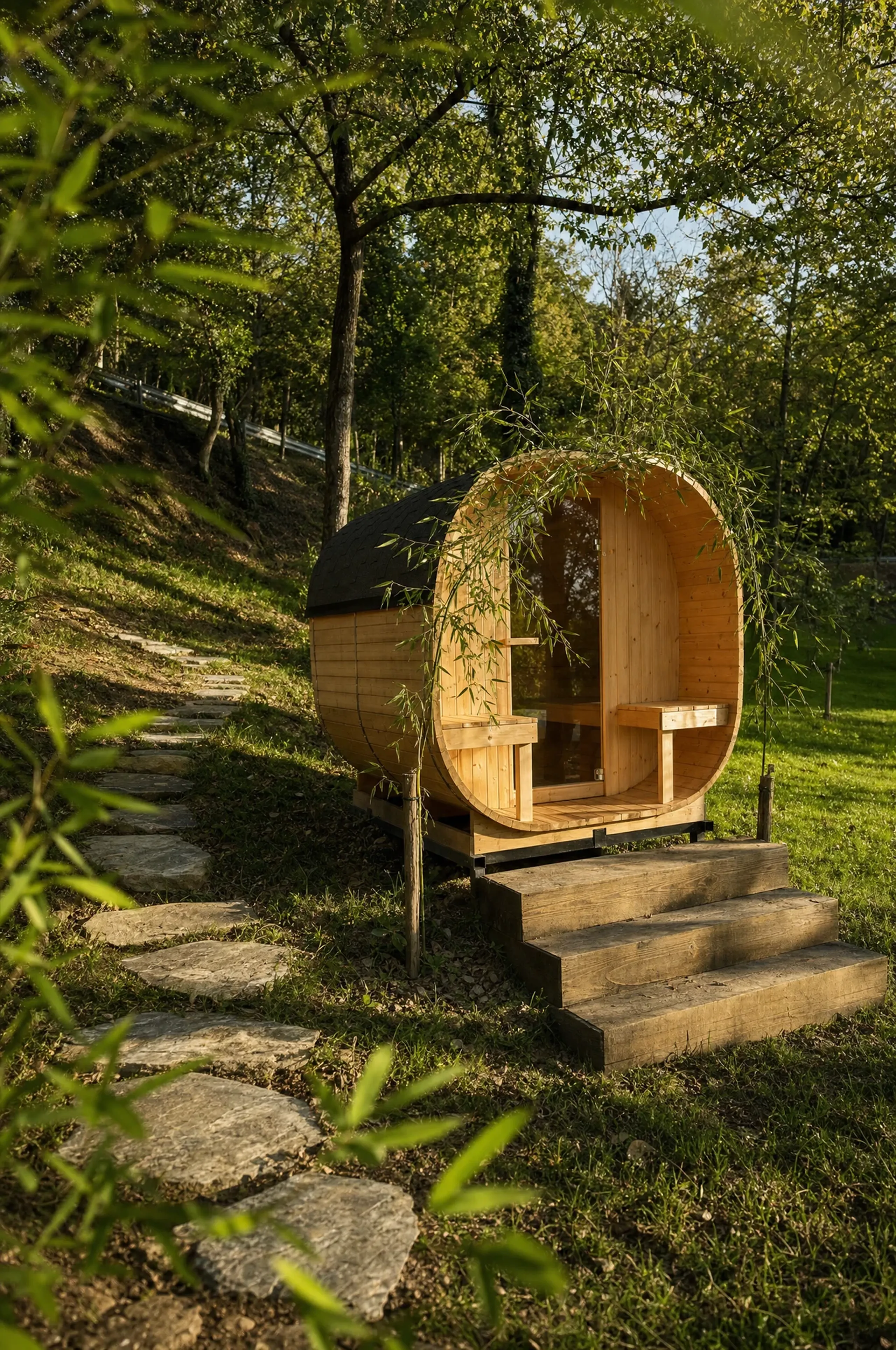 The wooden barrel sauna tucked into the garden
