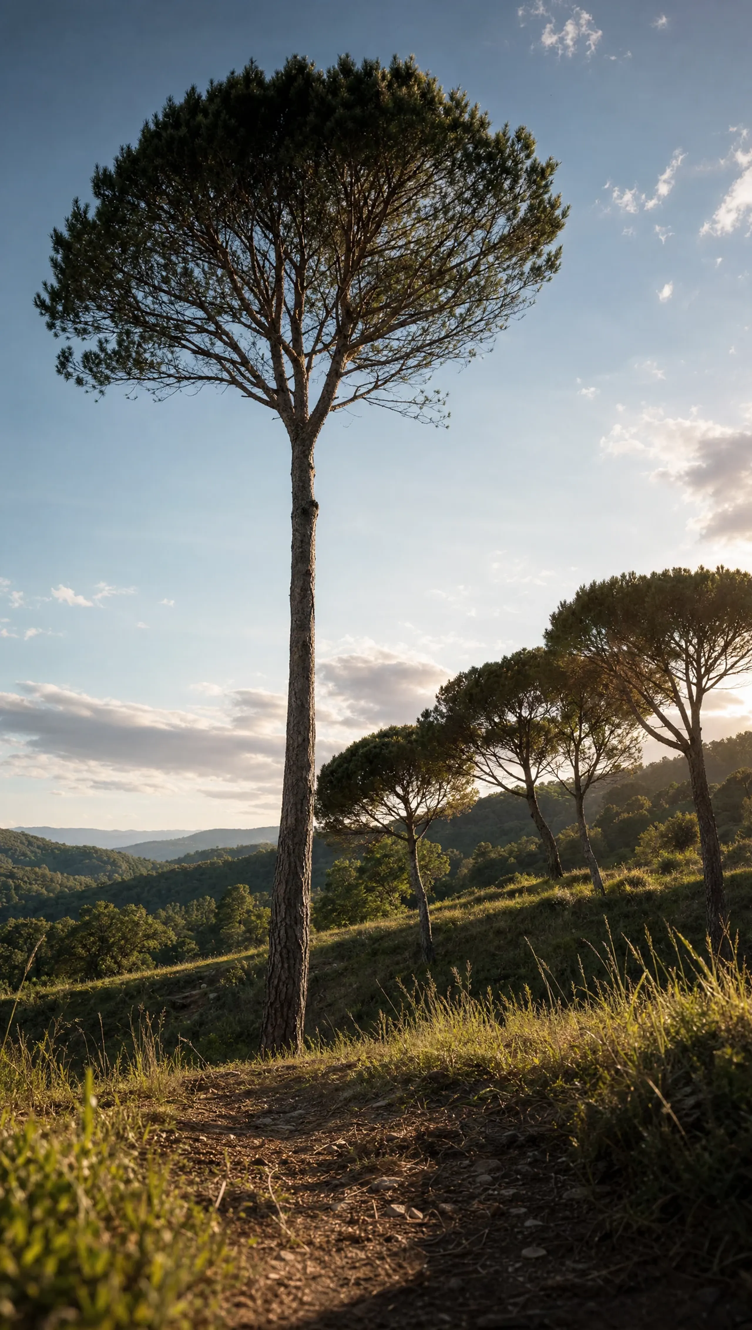 A lone stone pine against the sky at sunset