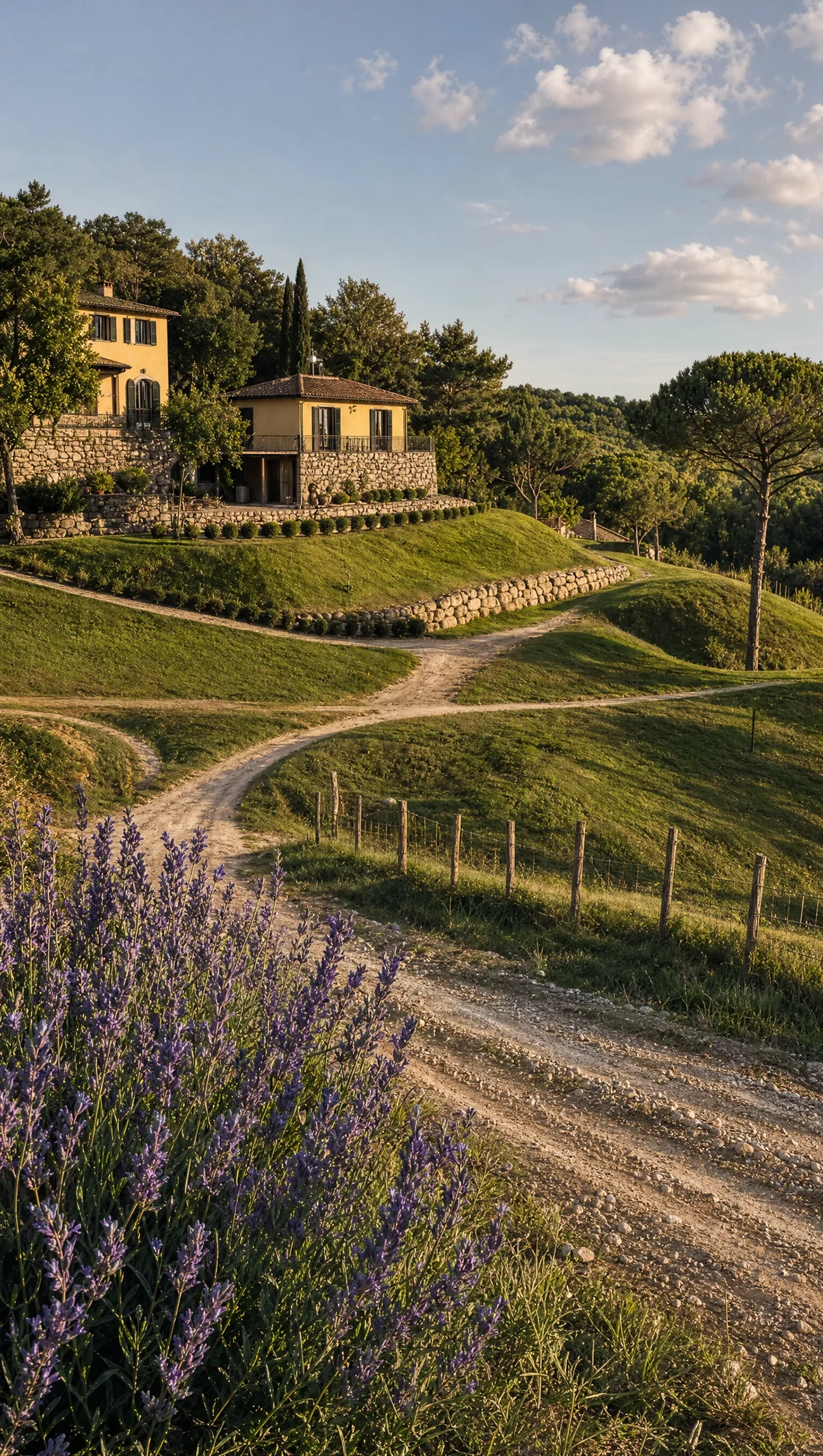 The gravel drive winding up between rows of lavender to the villa