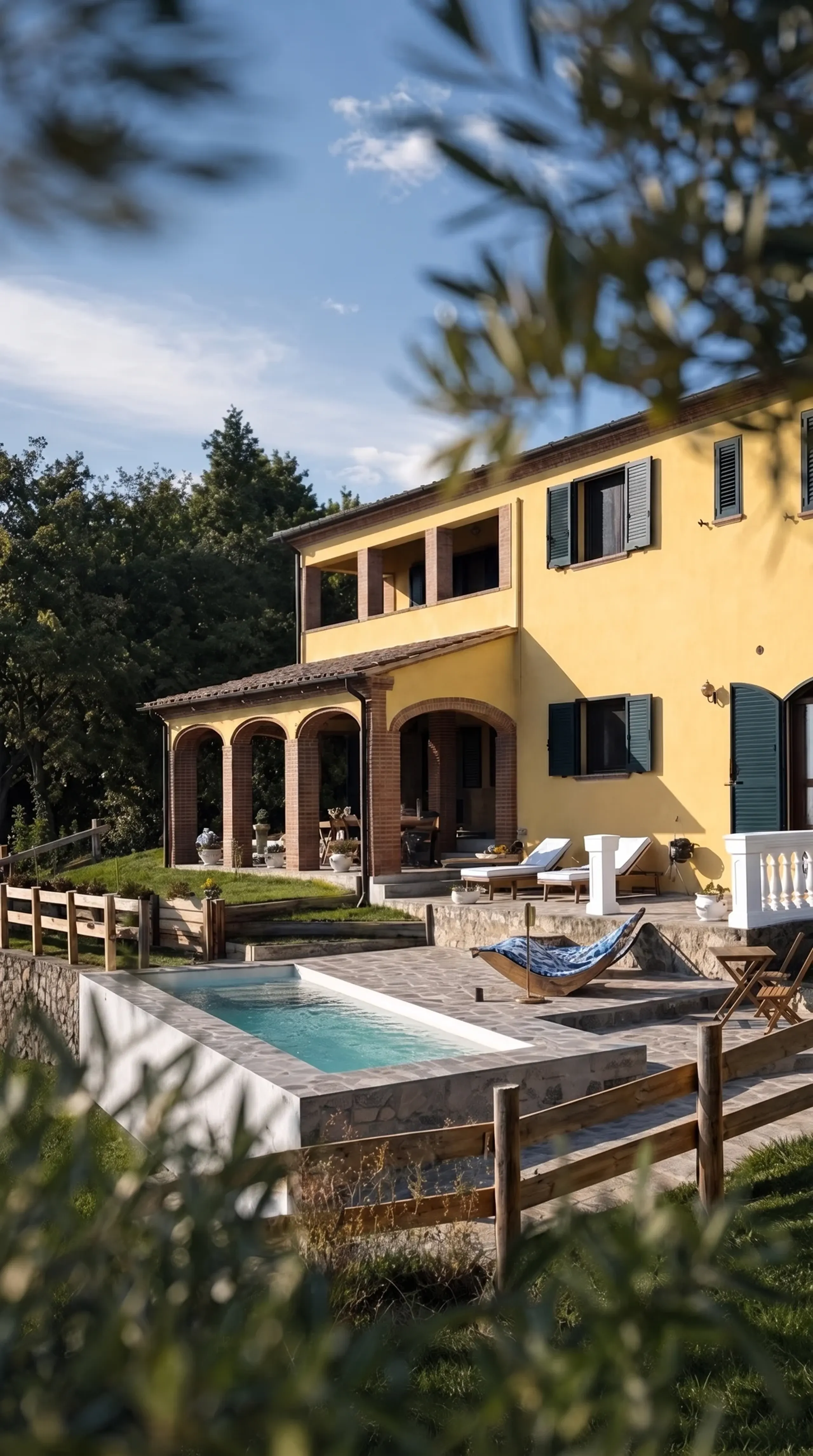The yellow villa and its pool on a clear summer day