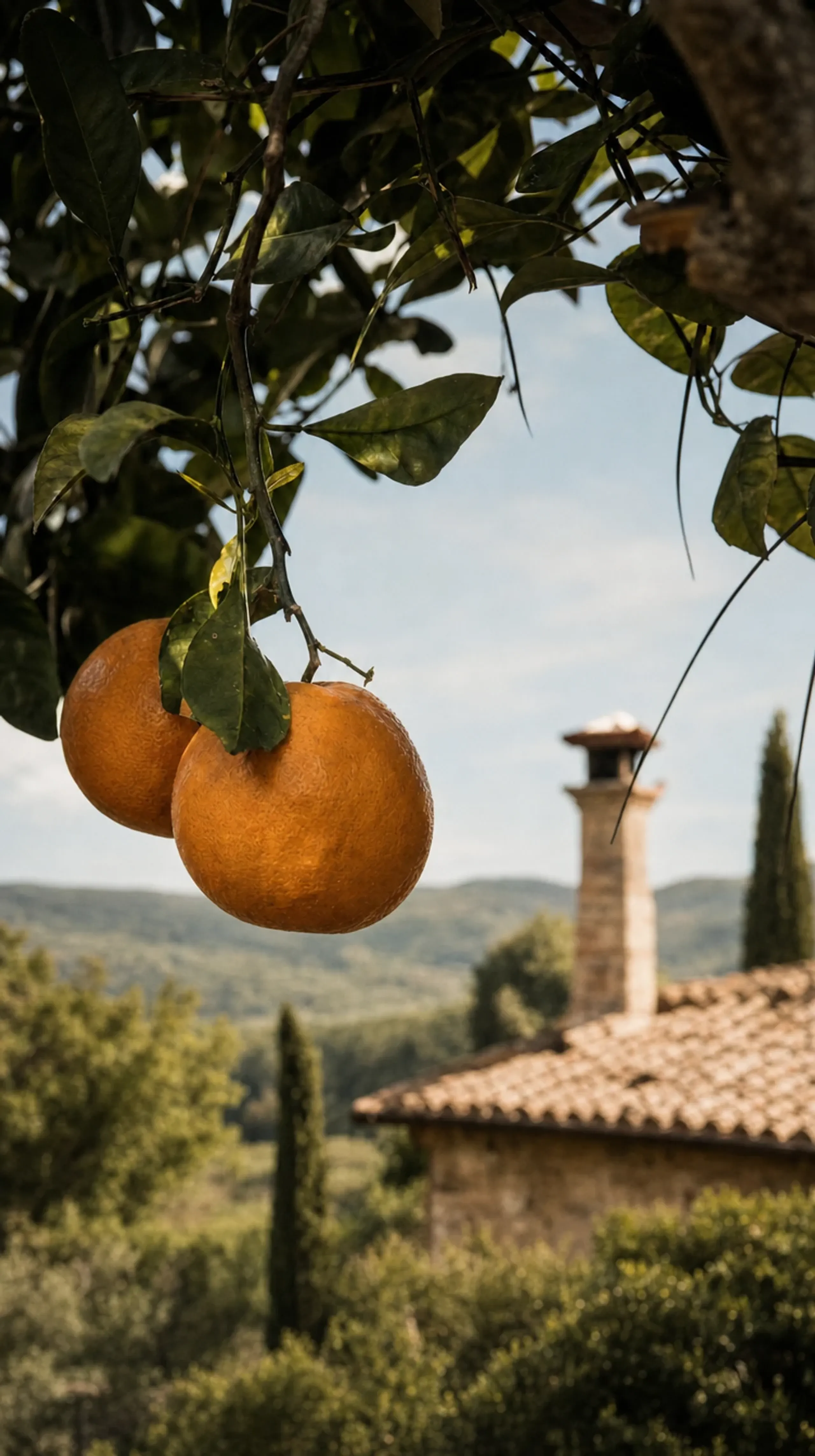 Oranges ripening on the branch, the hilltop village beyond