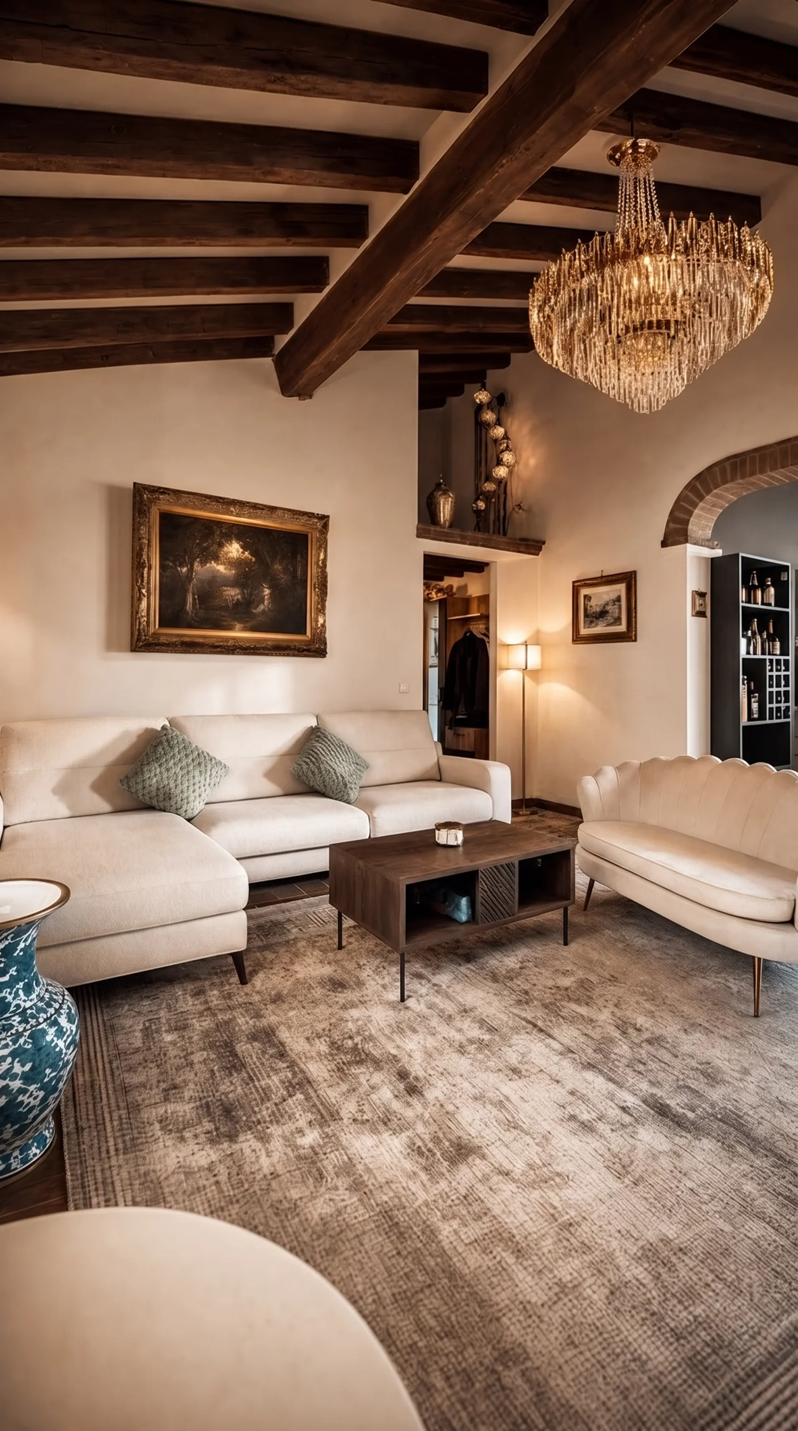 A warm, elegant living room inside the villa