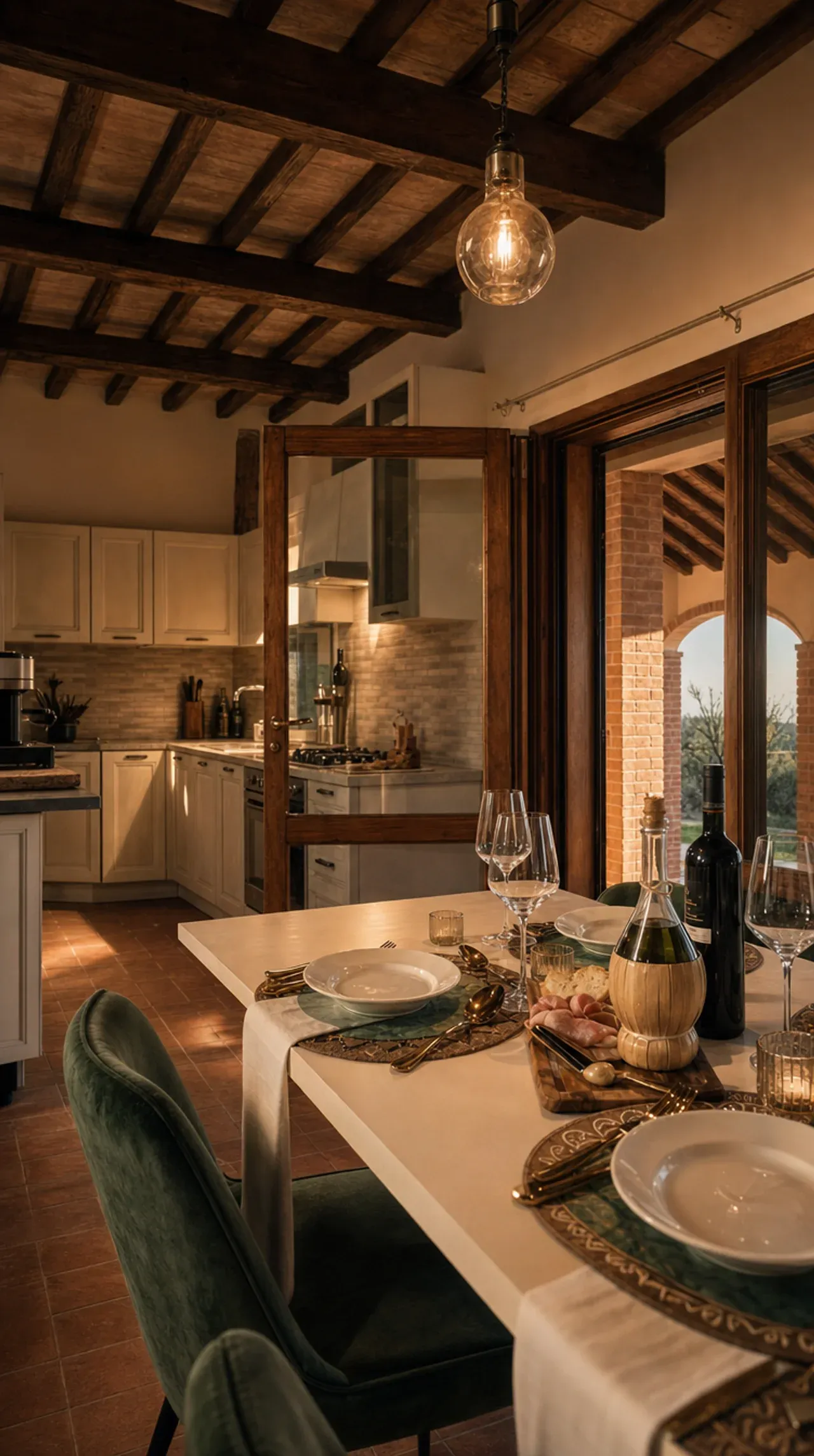 The dining table set for dinner at dusk, warm light over the Tuscan kitchen