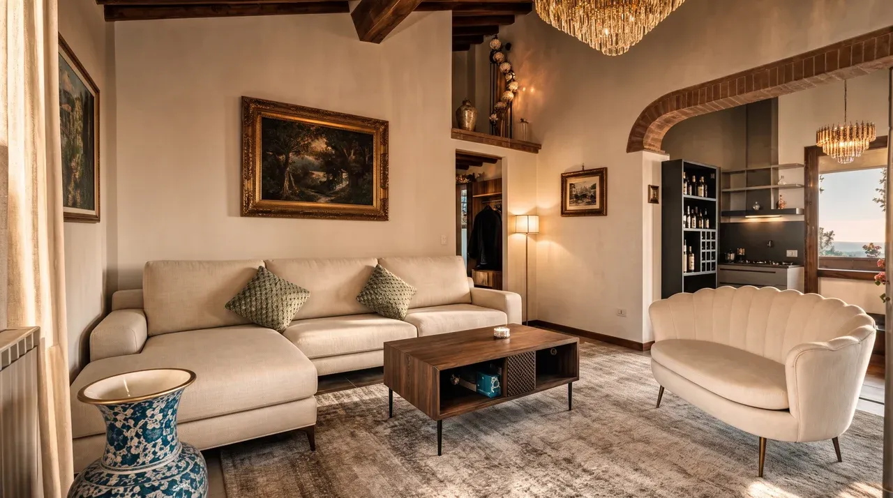 A suite's elegant living room with a chandelier, framed art and a warm Tuscan glow