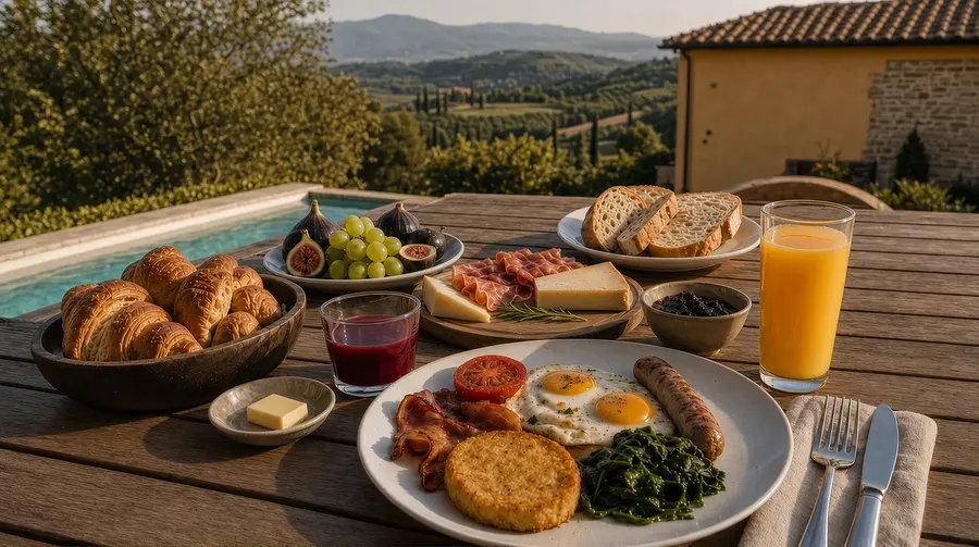 Breakfast laid out on the poolside table, the valley rolling away beyond