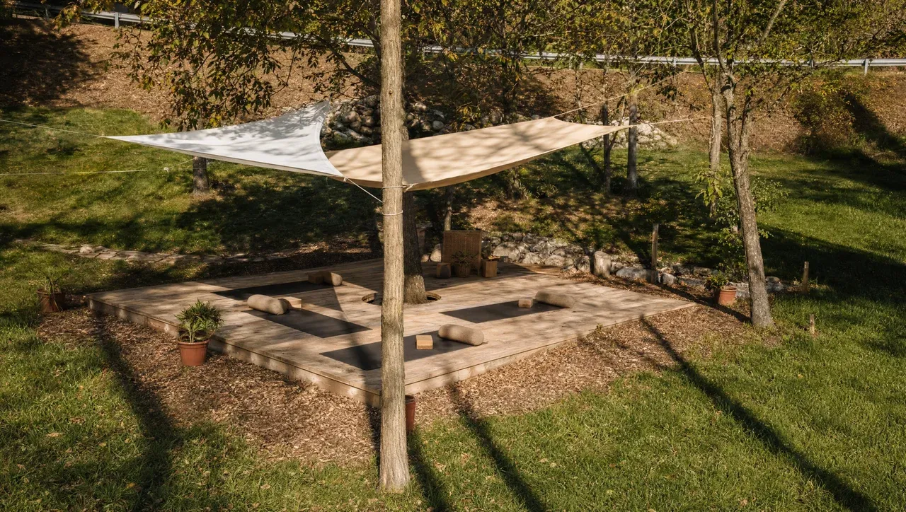 The wooden yoga platform under sail canopies, mats laid out among the trees