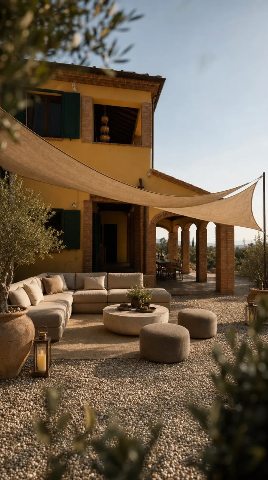 A private gravel patio with lounge sofas under a sail canopy, the yellow villa and olive trees behind