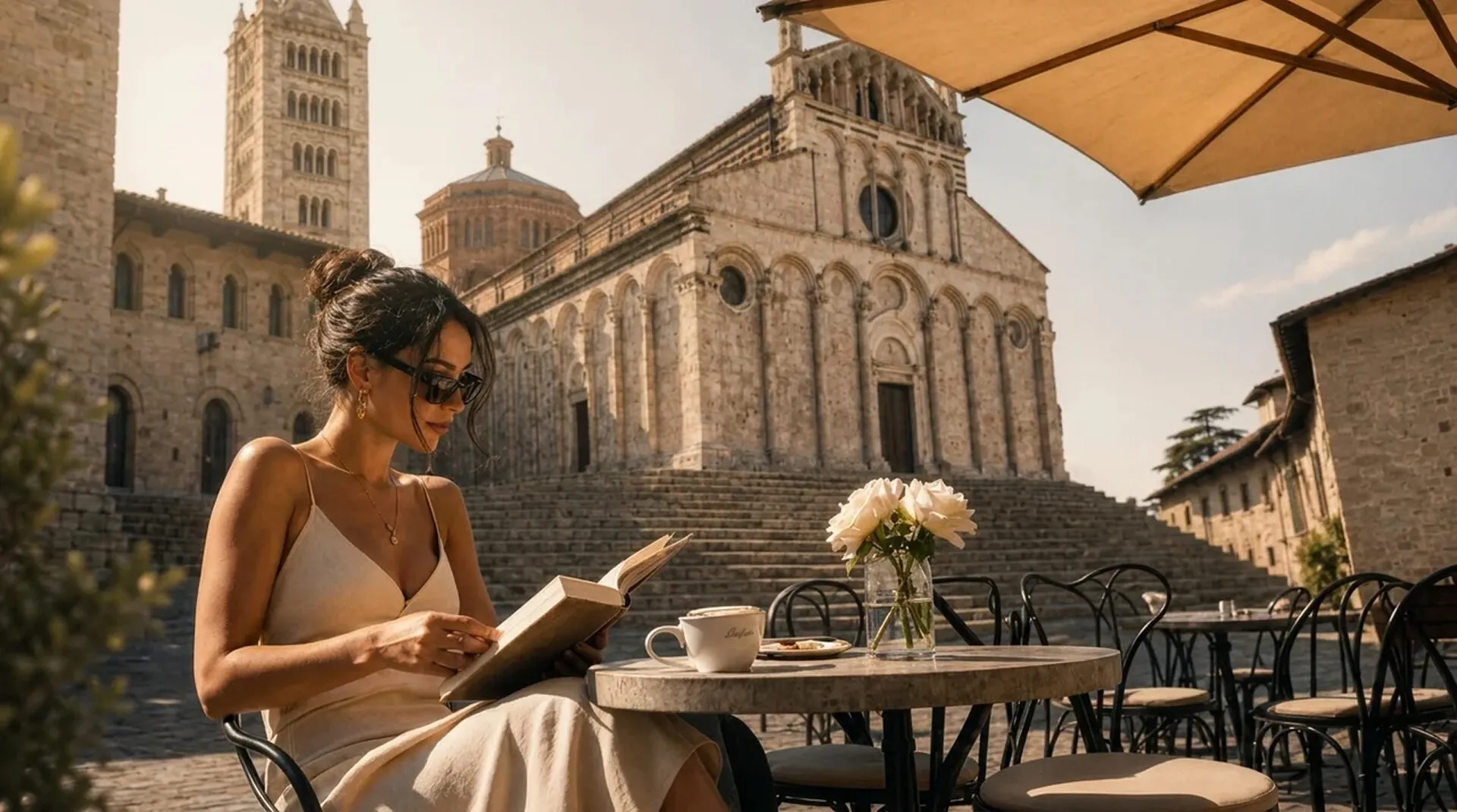 A marble café counter in a Tuscan town at morning, a small espresso and a cornetto in the soft early light
