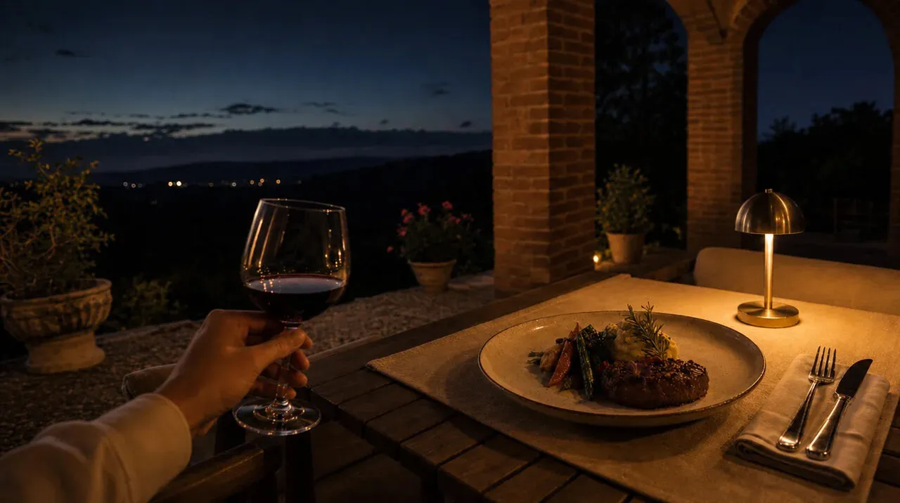 A candlelit table for two on a Tuscan terrace at night, the valley dark below and a sky thick with stars overhead
