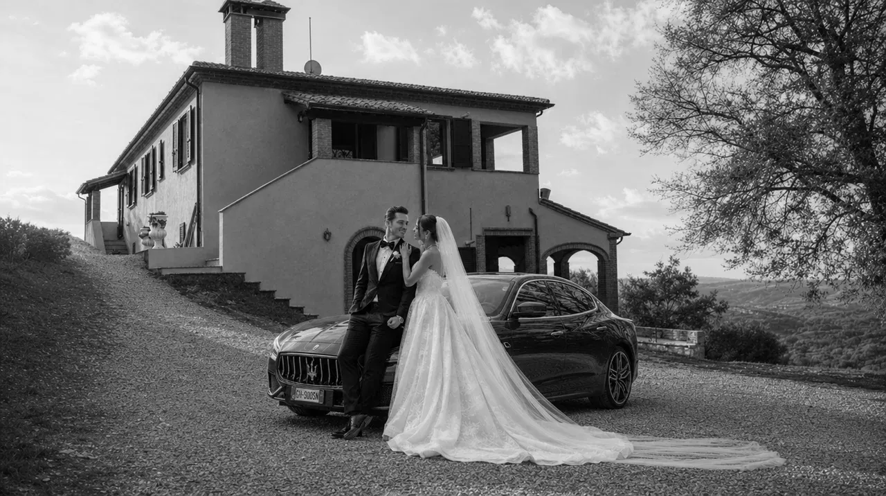Bride and groom beside a car before the villa