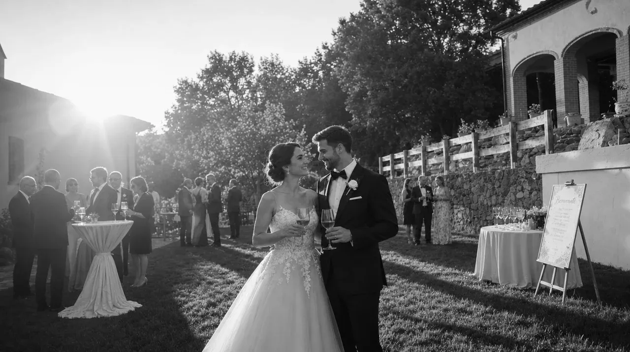 The couple share a kiss at the outdoor cocktail hour