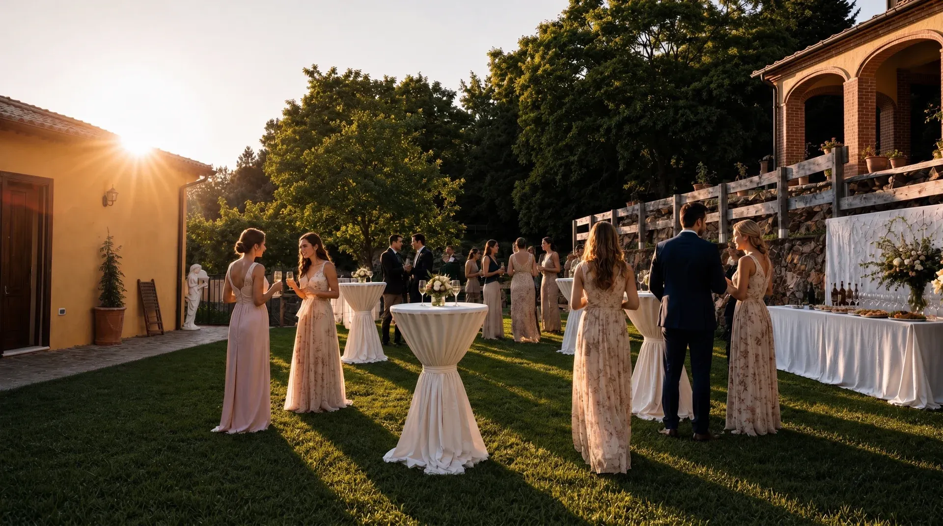 A table set on the wisteria terrace, the Tuscan valley beyond