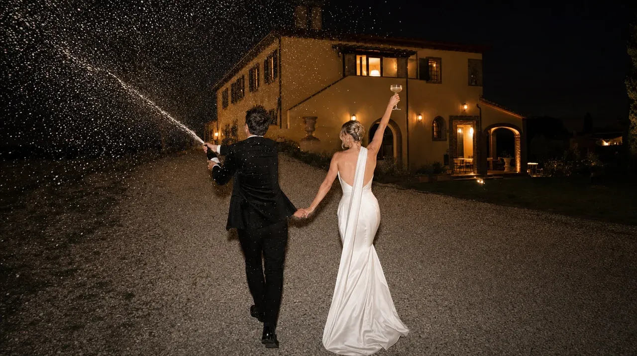 The couple with a sparkler before the lit villa at night